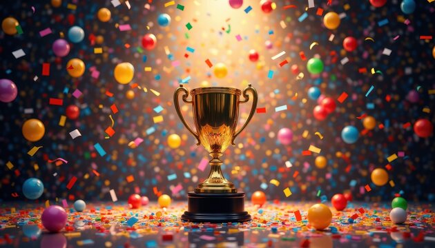 Golden trophy amidst a celebration of colorful confetti and balloons