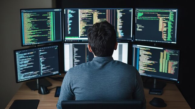 Programmer in dark room, multiple monitors with code, intense focus