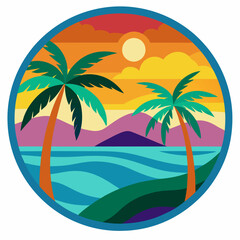 Bali round sticker, colorful, palm tree, ocean vector illustration