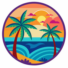 Bali round sticker, colorful, palm tree, ocean vector illustration