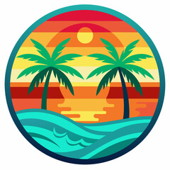 Bali round sticker, colorful, palm tree, ocean vector illustration