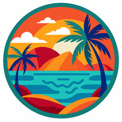 Bali round sticker, colorful, palm tree, ocean vector illustration