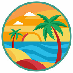 Bali round sticker, colorful, palm tree, ocean vector illustration