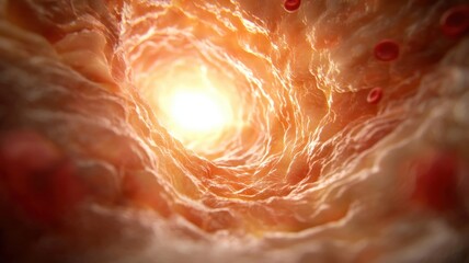 Abstract view of a glowing tunnel, resembling a biological structure.