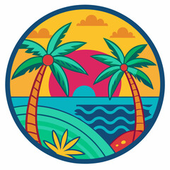 Bali round sticker, colorful, palm tree, ocean vector illustration