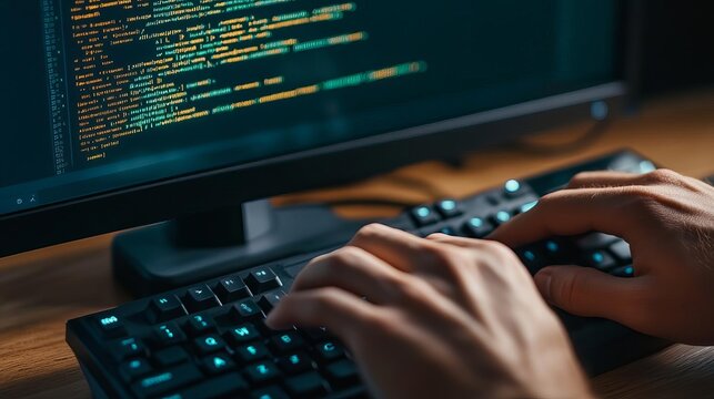 Programmer s fingers on keyboard, monitor with lines of code
