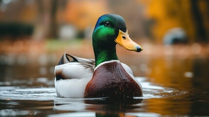 A male mallard duck with a green head and yellow beak swims in a pond with autumn leaves in the background.