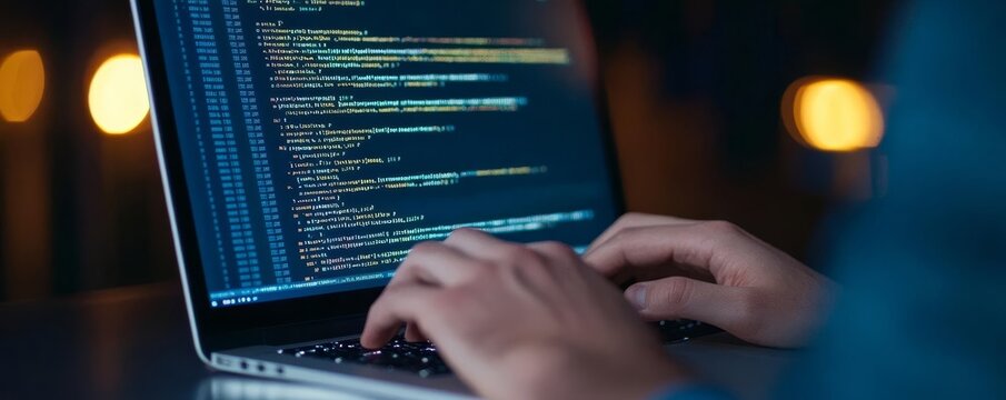 Programmer typing code on laptop in dark room, code screen illuminated