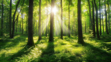 Obraz premium Bright Sunlight Shining Through Tall Trees in Peaceful Green Forest with Soft Ferns