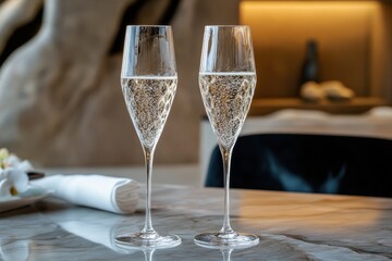 Two bubbly champagne glasses are on the restaurant table