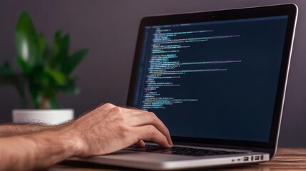 Programmer typing on laptop with dark mode code editor