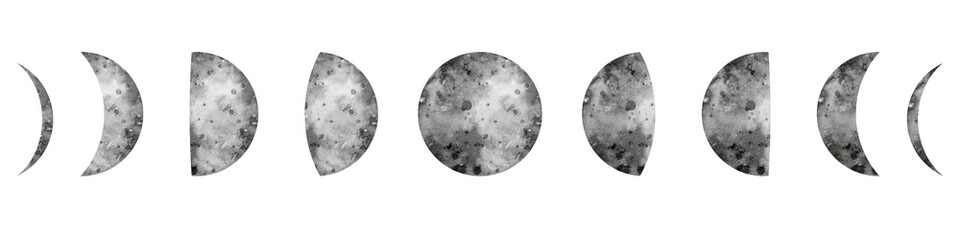 Phases moon Watercolor drawing of the silhouette planet, hand-drawn. Illustration a satellite of the earth, an isolated crescent on a white background. Decorative elements for design, astrology cards.