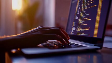 Programmer typing on laptop with vibrant code editor, modern workspace