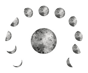 Phases moon Watercolor drawing of the silhouette planet, hand-drawn. Illustration a satellite of the earth, an isolated crescent on a white background. Decorative elements for design, astrology cards.