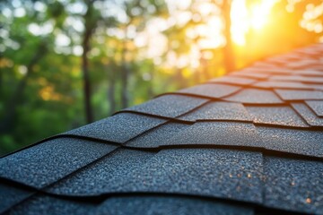 Updated shingled roof on a house surrounded by green trees and sunlight