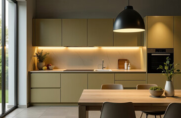 Modern kitchen interior design featuring minimalist cabinetry and ambient lighting in a cozy setting