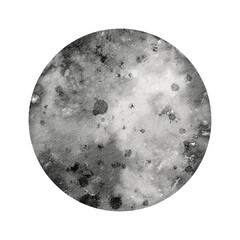 Grey full moon Watercolor drawing of the silhouette planet, hand-drawn. Illustration a satellite of the earth, an isolated planet on a white background. Decorative element for design, astrology card.