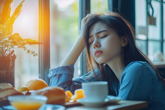 Unhappy fatigued woman in the morning skipping breakfast struggles with fibromyalgia and vitamin shortage