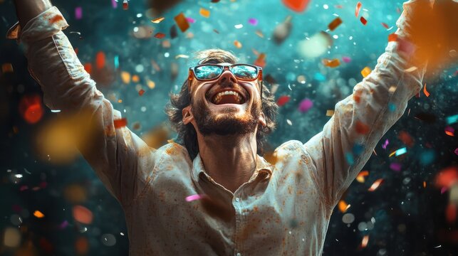 Winning success man happy ecstatic celebrating being a winner. Dynamic energetic image of male model
