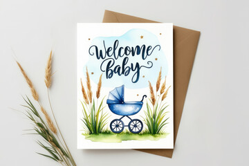 Baby shower card design with baby stroller. AI generated