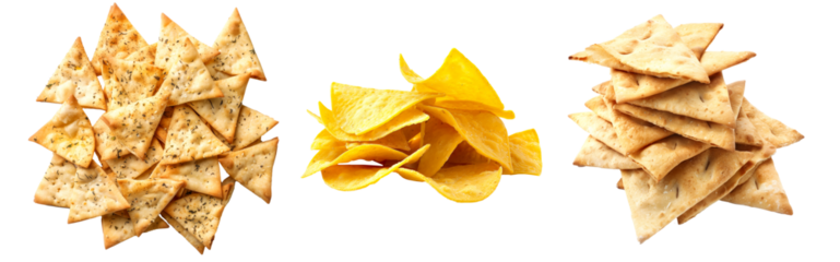 Pile of golden Tortilla chips for snacking and savoring, with a satisfying crunchy texture isolated on transparent.