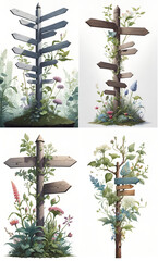 a wooden pointer with flowers and plants highlighted on a white background.