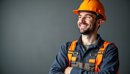 Smiling construction worker in safety gear with orange helmet on gray background