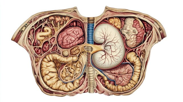 Cross-section of human torso anatomy, detailed organ placement, isolated on white, labeled diagram, scientific accuracy