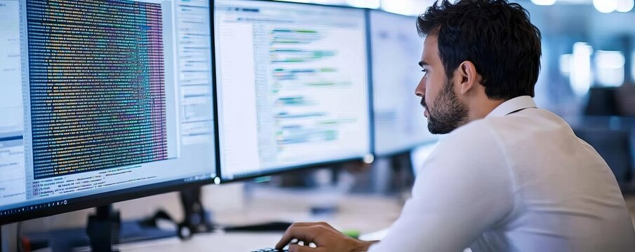 Young coder typing in office, bright screen with lines of code