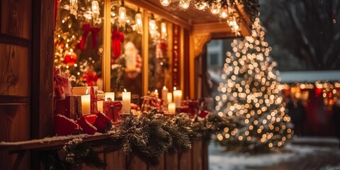 a romantically illuminated stall with arts and crafts at Christmas market in the evening in deep snow