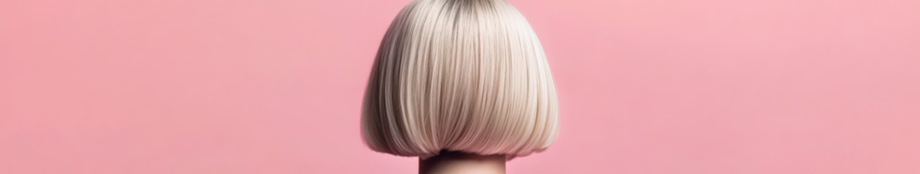 Stylish blonde bob haircut with a clean finish against a pink background