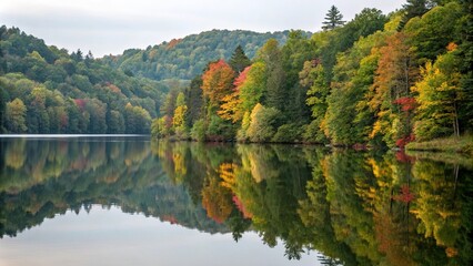 *Calm lake with reflected autumn foliage and lush greenery in the surrounding forest, reflected foliage, serene lake, forest