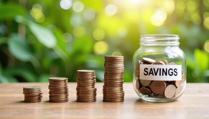 Growing savings concept with coin stacks and jar of money on sunlit green background