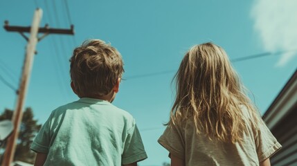 The image features two children gazing upwards, captivated by the endless expanse of a clear blue...