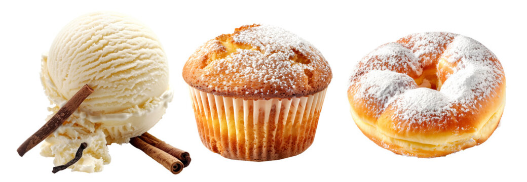 Glazed donut with chocolate drizzle, powdered muffin and ice cream isolated on white transparent background.