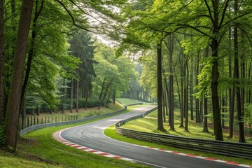 Fototapeta premium A tranquil forest glade with a winding racing track meandering through it, lined with towering trees and vibrant green foliage, tranquility, scenery, track, landscape