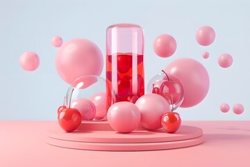Vibrant Pink Composition with Bubbles and Cherries