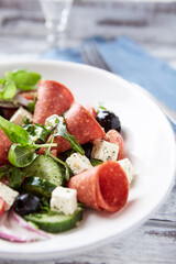 Salad with Salami, Feta Cheese, Black Olives, Cucumber and Cherry Tomatoes. Close up.