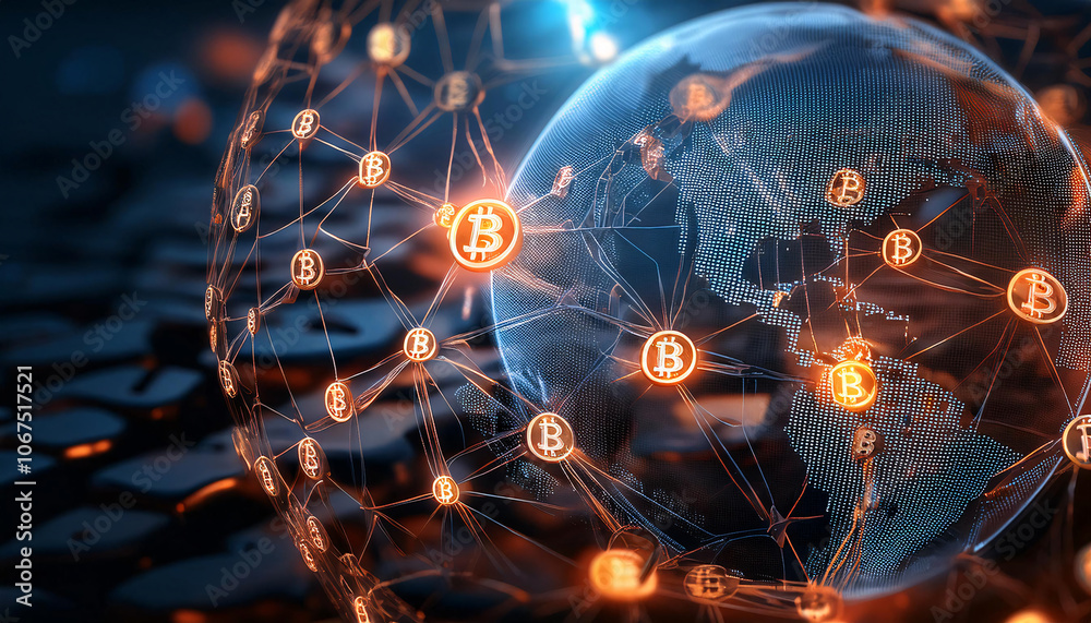 Wall mural a globe with bitcoin symbols embedded in its surface, surrounded by a network of connections, repres