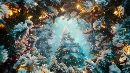Fototapeta premium christmas tree branches with garland lights, copy space