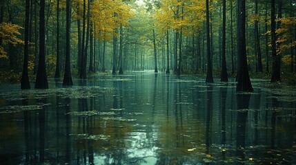 A misty forest path with tall trees and a flooded trail.