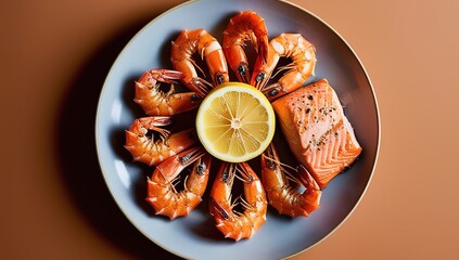"Artistic Shrimp and Salmon Arrangement with Lemon Slice for Visual Dining Appeal"