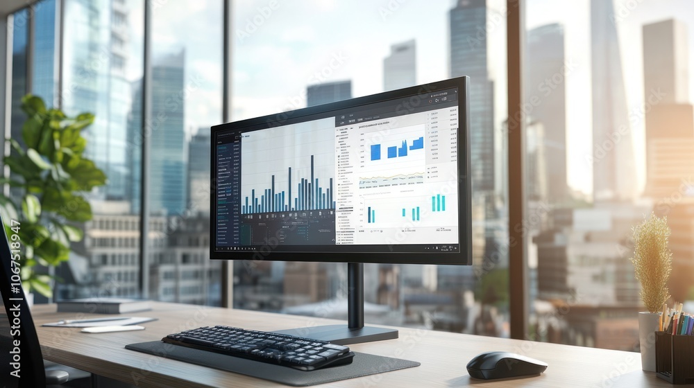 Poster a modern office workspace with a computer displaying data analytics and a city skyline view.