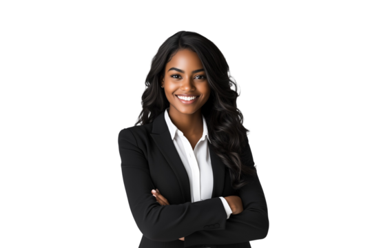 A smiling African American woman with long wavy hair, wearing a black blazer and white shirt, standing confidently with arms crossed against a transparent, isolated background