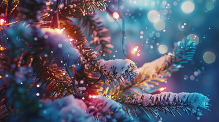 christmas tree branches with garland lights, copy space