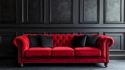 Elegant close-up of a dark crimson velvet sofa with black pillows, beautifully contrasting against grunge paneling.