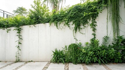 Lush green plants on white concrete wall, alpine, nature-inspired, greenery