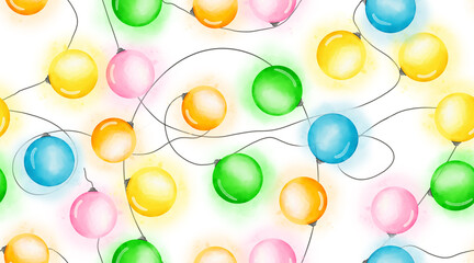 New Year tree balls, glowing bulbs. Watercolor digital illustration. Seamless pattern. Christmas lights isolated on white background. Multicolored New Year bulbs and glowing garlands