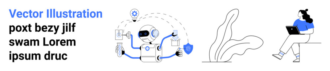 AI robot multitasking with chat bubble, percentage icon, shield, wrench person using laptop beside abstract plant. Ideal for technology, AI, remote work, productivity, cybersecurity, online tools