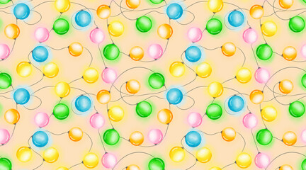 New Year tree balls, glowing bulbs. Watercolor digital illustration. Seamless pattern. Christmas lights isolated on white background. Multicolored New Year bulbs and glowing garlands